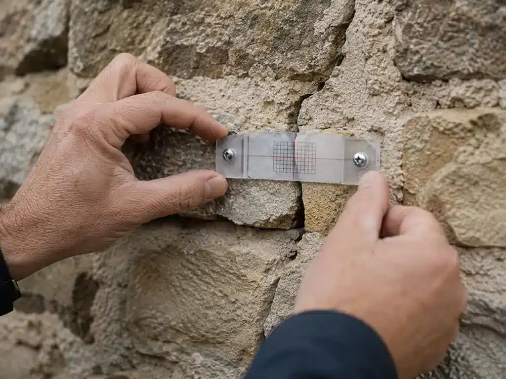 Pose d'un témoin de mesure sur la fissure d'un mur en pierre